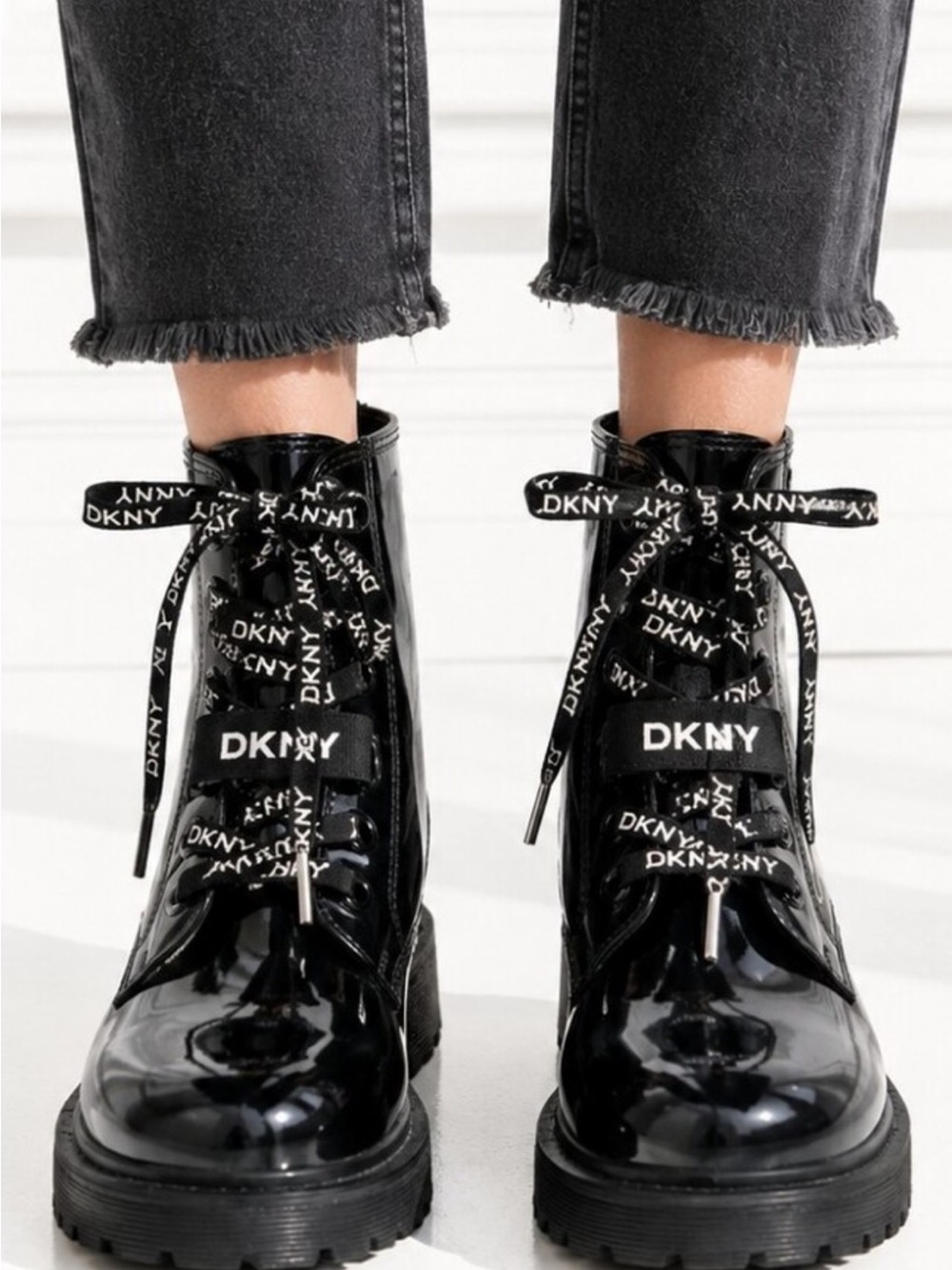 DKNY Patent Black Lace-Up Combat Boots, Size 7